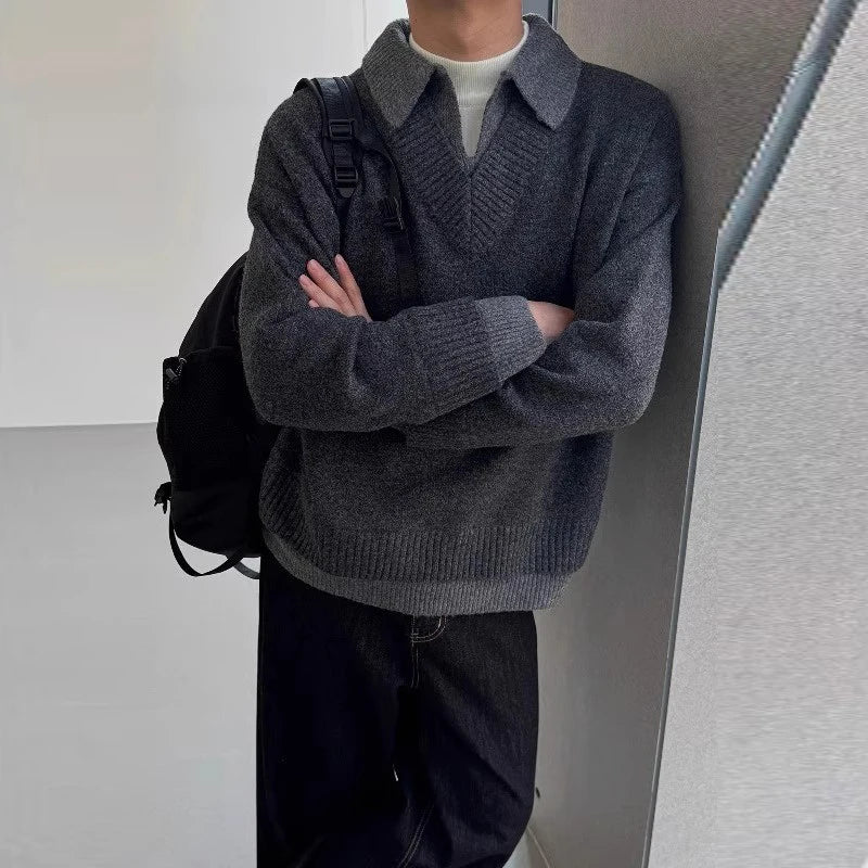 Threebooy  New American Chic Polo Neck Men Sweater Light Luxury Fake Two Piece Knit Pullover Trendy High Quality Long Sleeve Knitwear M-2XL