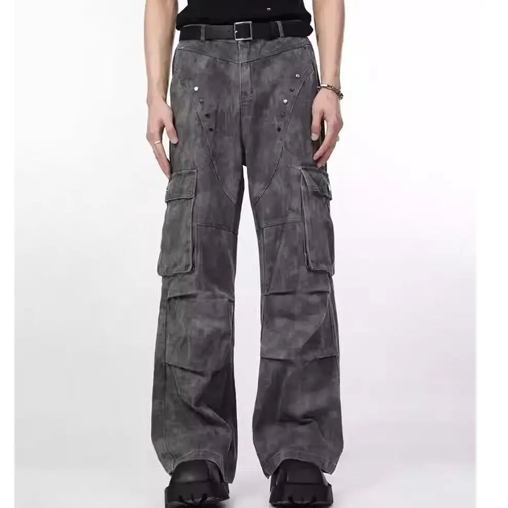 Threebooy American high street hip-hop men and women trendy personality straight leg multi pocket jeans couple loose retro casual pants