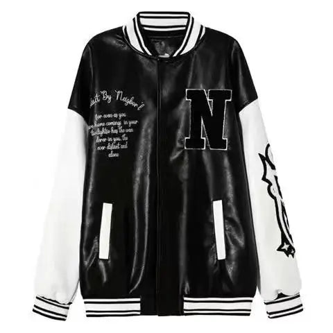 Threebooy American High Street Hiphop Embroidered Baseball Uniform Men Women Spring Autumn Vintage Retro Trend PU Leather Jacket Chic
