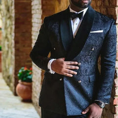Threebooy  Elegant Jacquard Men Suits Black Fashion Party Prom Banquet Suit Shawl Lapel Double Breasted Floral Wedding Tuxedo Two Piece