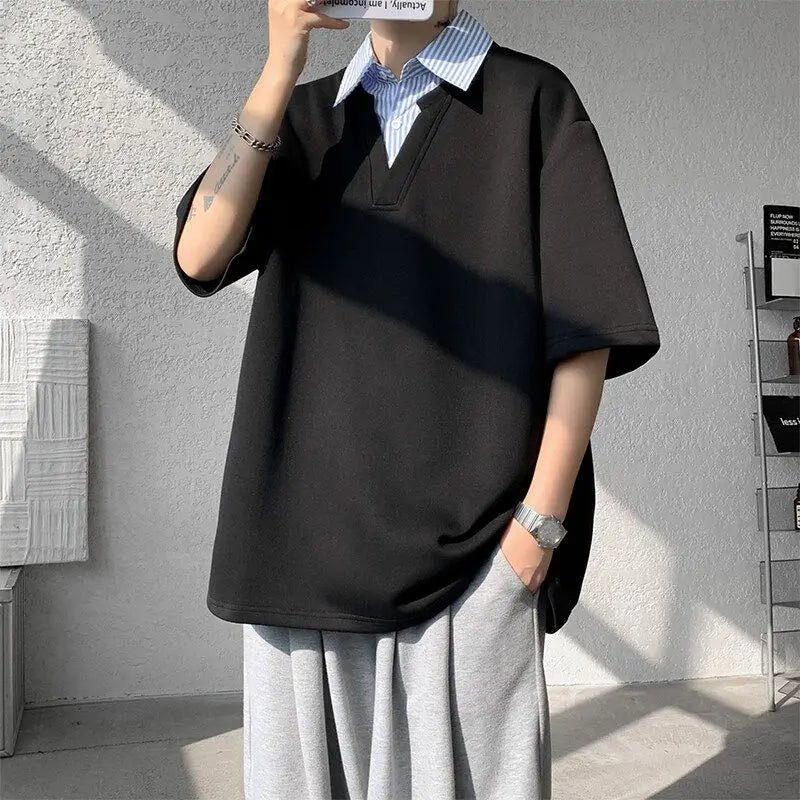 Threebooy  New Fake Two-piece Shirt Collar Short-sleeved T-shirt Men's Summer American Loose Versatile Pullover