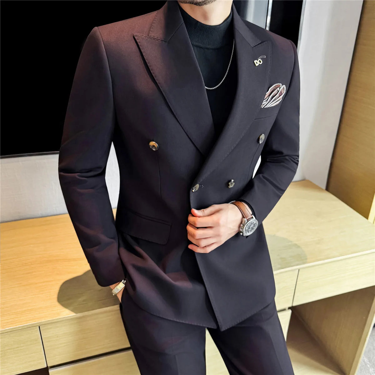 Threebooy  High-quality wedding casual haute couture dark striped fabric double-breasted suit two-piece suit and trousers set