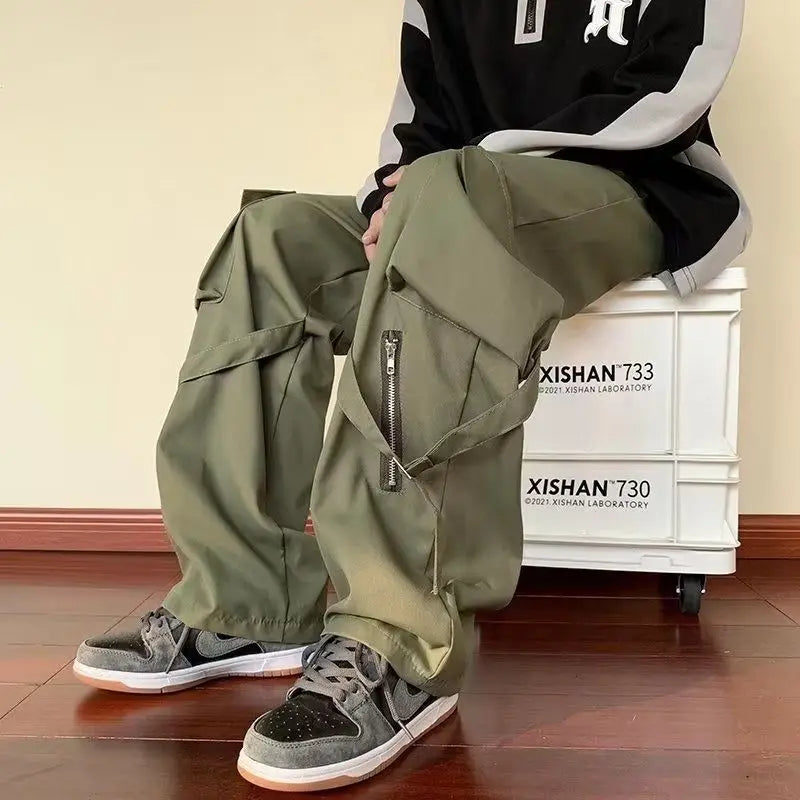 Threebooy  Green Cargo Pants Men Oversize Zipper Black Cargo Trousers Male Streetwear Hip Hop Pocket Spring Loose Casual Workwear