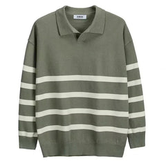 Threebooy  Autumn Simple Lapel Striped Sweater For Men Casual Vintage Korean Fashion Knitwear Top New Y2K Loose Knitted Pullover Jumper