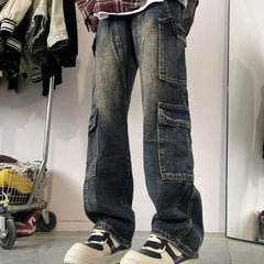 Threebooy  Men's Patchwork Blue Cargo Jeans Unisex Straight Casual Trousers Men Muti-pockets Hip Hop Streetwear 90s Vintage Fashion Pants