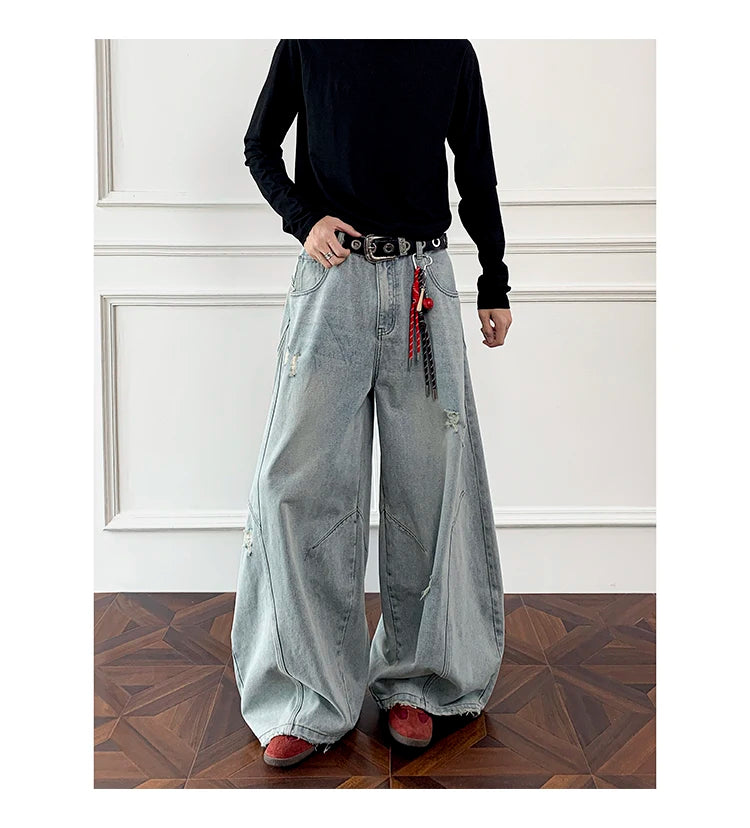 Threebooy Loose Fit Jeans Men Baggy Wide Leg Denim Pants Patchwork Ripped Light Blue Wash Hip Hop Streetwear Fashion New 2025 autumn jeans