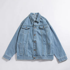 Threebooy Light Blue Black 2025 Fashion Casual Hip Hop Loose Denim Single-breasted Lapel Multi-pocket Youth Male Teenager Men's Hem Jacket