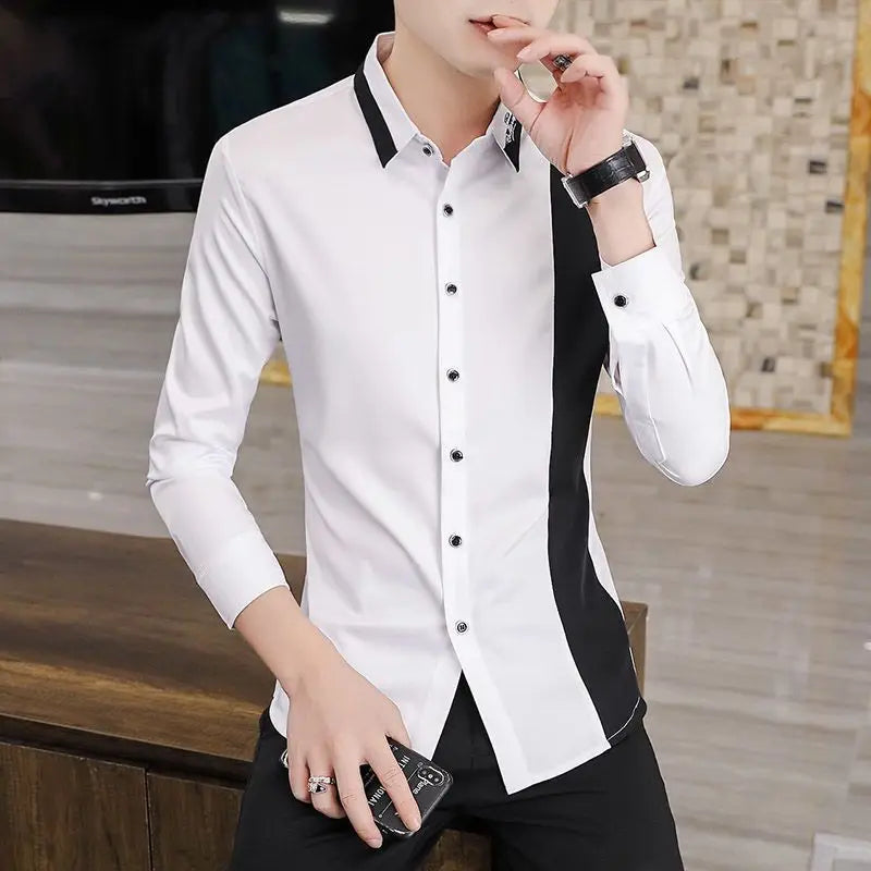 Threebooy  Spring Autumn New Fashion Turn-down Collar Long Sleeve Patchwork Blouse Men's Clothing Button Korean Simplicity Slim Young Shirt