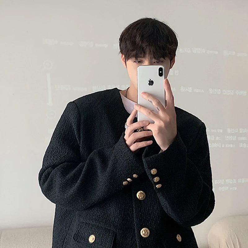 Threebooy Korean Style Fashionable Tweed Round Neck Jacket Men Japanese Trendy High-end Single-breasted Short Jacket with Temperament