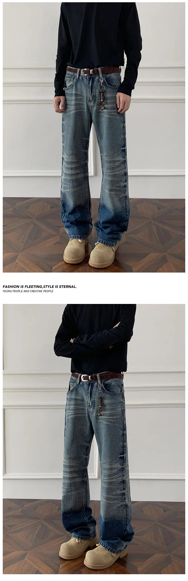 Threebooy Mens Straight Leg Jeans Business Casual Vintage Blue Denim Pants for Middle Aged Man Classic Fit man trousers