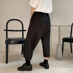 Threebooy Men Double-Layer Irregular Pleated Wide-Leg Pants 2024 New Genderless Dark Style Retro Loose Solid Color Nine-Point Pants Unisex