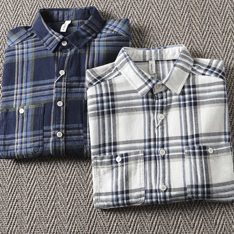 Threebooy  Spring Autumn Heavyweight Pure Cotton Checkered Shirt Male Clothing Simple Versatile Men's Casual Long Sleeve Plaid Shirt Jacket