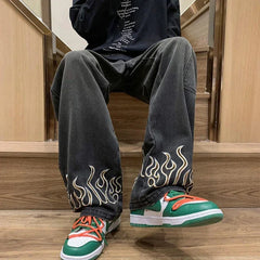 Threebooy  Men's Fashion Flame Embroidery Jeans Neutral Wide Denim Pants Baggy Straight Youth Casual Hip Hop Trousers Male Trendy Brand