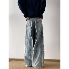Threebooy Destroyed Stitching Jeans Men's Rough selvedge Blue Washed Jeans Gothic Style Street Trend Clothing Retro Loose Wide Leg Pants