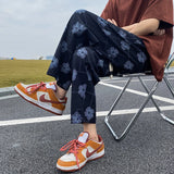 Threebooy Summer Men's Flower Printing Streetwear Casual Pants Elastic Waist Loose Sweatpants Black/Brown Color Trousers M-5XL