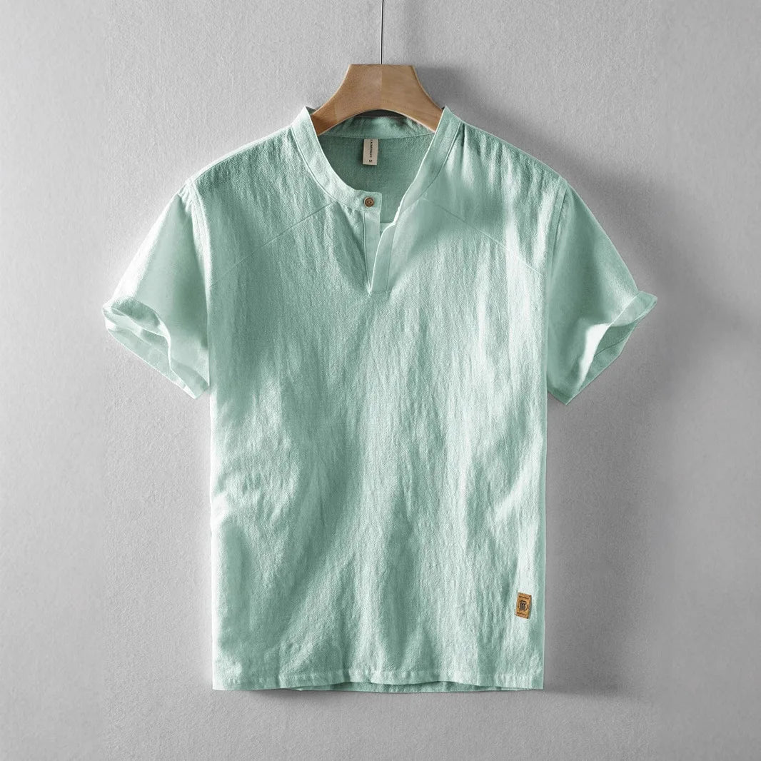 Threebooy Summer Men's Stand Collar Cotton Linen Shirt Casual Button Short Sleeve Beach Shirts Hawaiian T Shirts For Men
