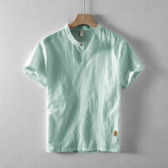 Threebooy Summer Men's Stand Collar Cotton Linen Shirt Casual Button Short Sleeve Beach Shirts Hawaiian T Shirts For Men