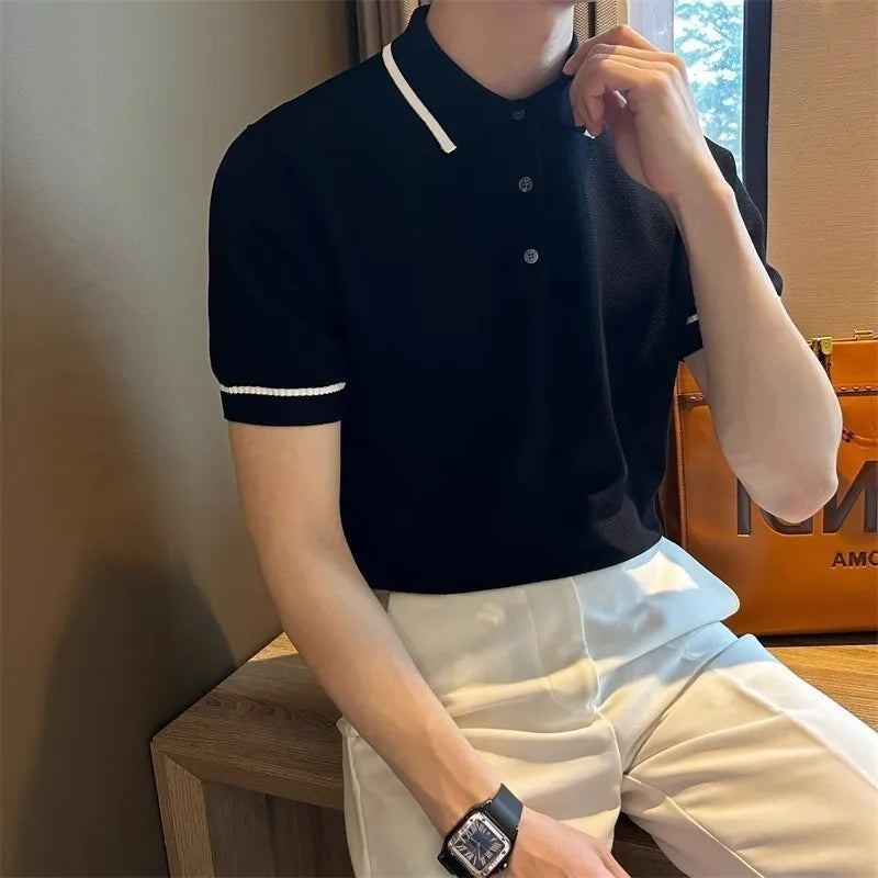 Threebooy New Men Fashion Tops Light Luxury Style Leisure Knitted Polo Shirt Casual Fitness Solid Color Short Sleeve Breathable Tees M-3XL