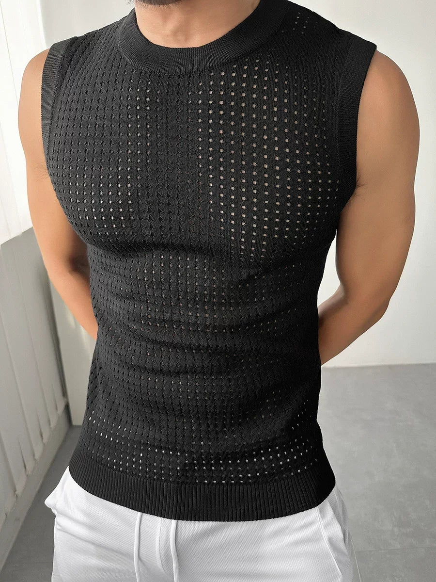 Threebooy  American Hardman Style Hollow out Knitted Men's Mesh Fishing Net Sleeveless Cover up Sweatshirt Version See through Vest Tank...
