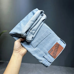 Threebooy Light blue stitching men's denim shorts summer all-match loose casual plus size jeans sub-brand men's clothing