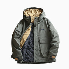 Threebooy Outdoor Windproof  Padded Jacket Plus Thickened Warm Large Pocket Workwear Casual Hooded Parkas Trendy High-end Button Up Coats