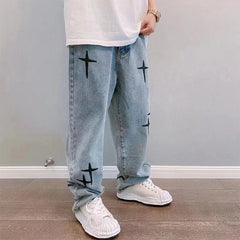 Threebooy Print Embroidery Jeans Men Vintage Casual Loose Wide Leg Baggy Man Trousers 2024 Spring Summer Fashion Hip Hop Male Cargo Pant