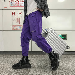 Threebooy Purple Men Cargo Pants Spring Loose Hip Hop Joggers Trousers Pockets Overalls Fashion Student Sweatpants Korean Male Streetwear