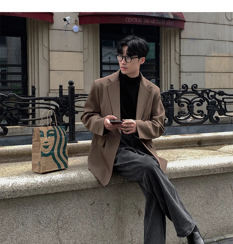 Threebooy Oversized Korean Style Men's Loose Casual Small Suit, Men's 2024 Autumn New Padded Shoulder Suit Jacket Unisex Top