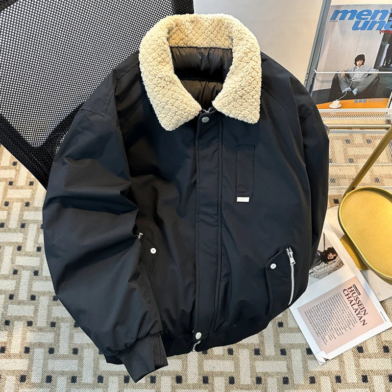 Threebooy Japanese Solid Workwear Padded Coat Winter Loose Trend Splicing Imitation Lamb Fleece Collar Cotton Jacket Casual Lapel Coat
