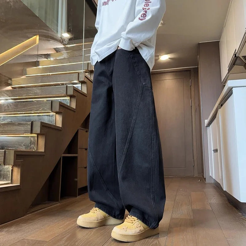 Threebooy Japanese Korean Casual Retro Curved Knife Jeans Men'S Loose Straight Leg Pants Large Pockets Wide Leg Pants High Street Jeans