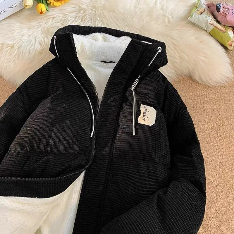 Threebooy autumn and winter street fashion corduroy thick jacket for men and women couple personalized loose retro casual Harajuku
