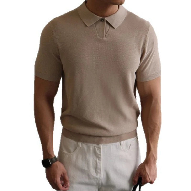 Threebooy  New Men's Clothing Light Luxury Business Polo Shirt Casual Slim-fit Knitted Solid Color Short Sleeve T-shirt High Quality Tops