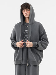 Threebooy Men's Zip-Up Washed Faded Hoodies 330GSM Cotton Polyester Knit Cardigan Tops Street Y2K Oversized Hoody Sweatshirts Unisex