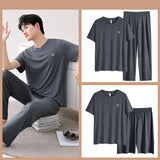 Threebooy Three-Piece Summer Thin Modal Pajamas Men's Short-Sleeved Shorts Long Pants Ice Silk Sense Of Homewear Suit