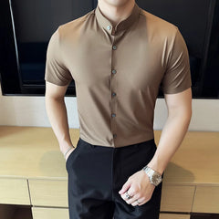Threebooy  Summer High Quality New Solid High Elasticity Seamless Short Sleeve Shirts Men Slim Social Casual Business Formal Dress Shirt