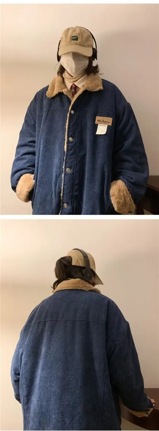 Threebooy Men's Retro Corduroy Padded Jacket Women Winter Loose Casual Thickened Cotton Turndown Collar Single-breasted Long Sleeves Tops