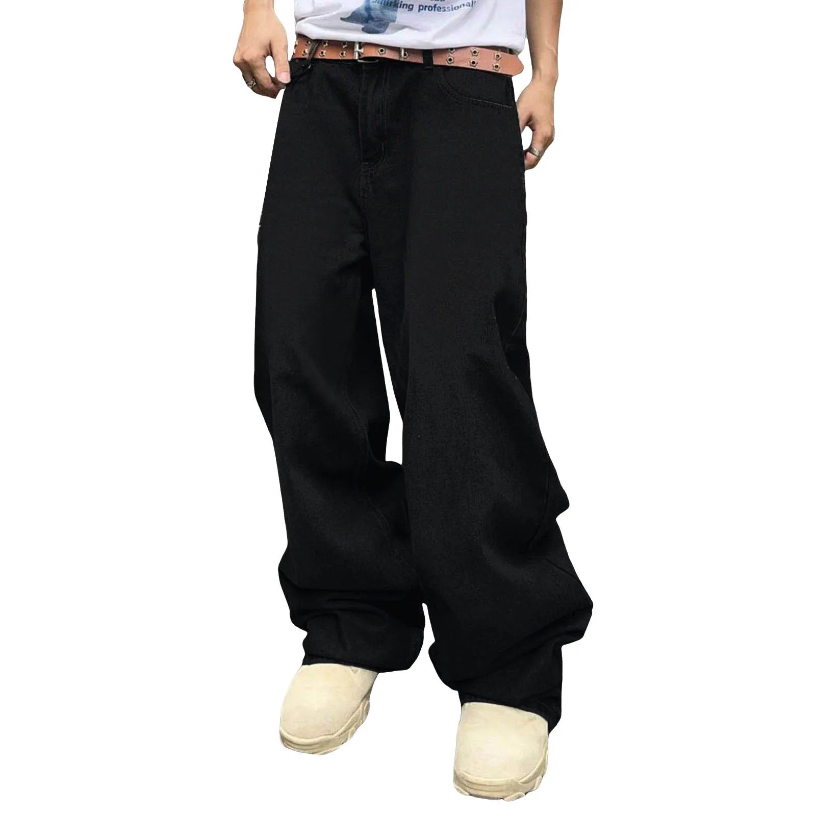Threebooy Men Baggy Denim Pants Wide Leg High Waist Belt Casual Trousers Loose Plus Size Stylish Streetwear Men's Hip Hop Streetwear