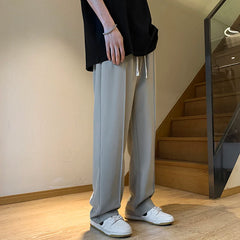 Threebooy Gray/Black Spring Summer Ice Silk Straight Pants Men's Pleated Loose Casual Mopping Trousers Trend Daily Streetwear Harem Pants