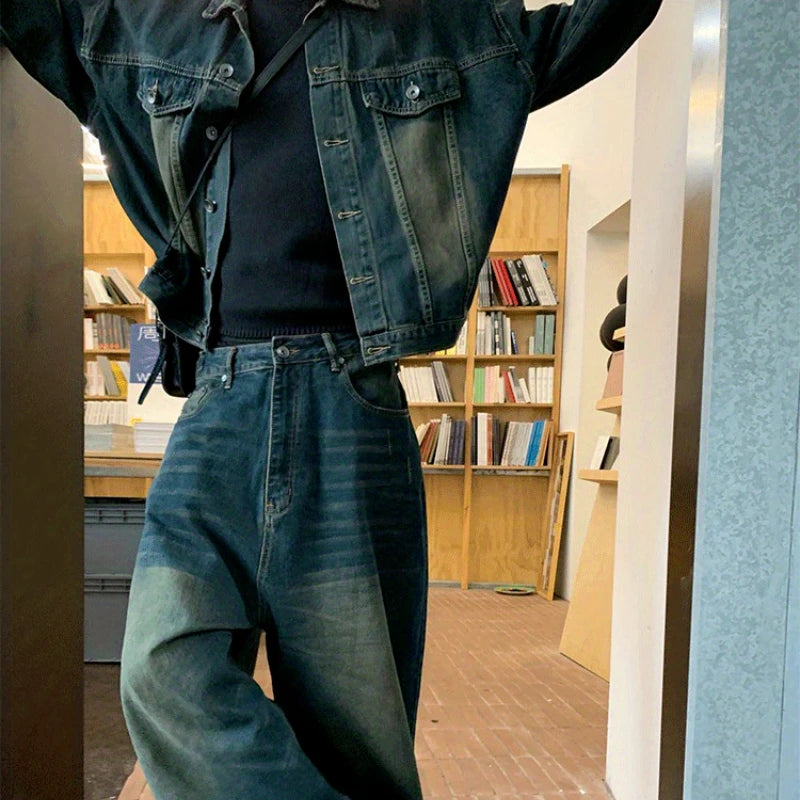 Threebooy Two Piece Set/single Piece Spring Autumn Jackets Jeans Tracksuit Trendy Vintage Loose Washed Old Jeans Set Male Street Outerwear