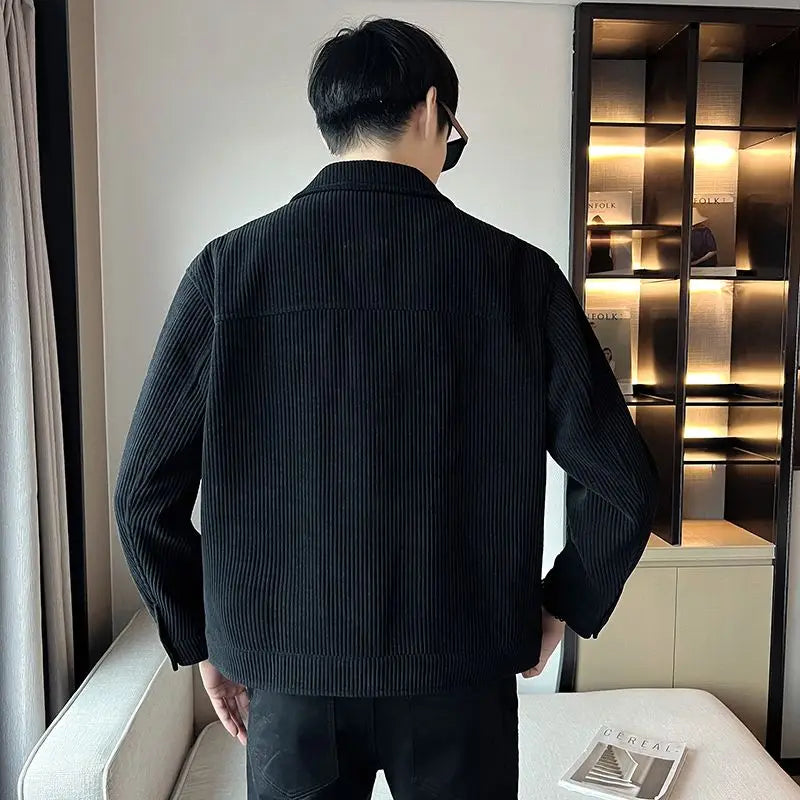 Threebooy Korean Style Fashionable High-end Jacket Men's Spring Autumn 2025 New Corduroy Top Trendy Handsome Loose Short Lapel Thin Jacket