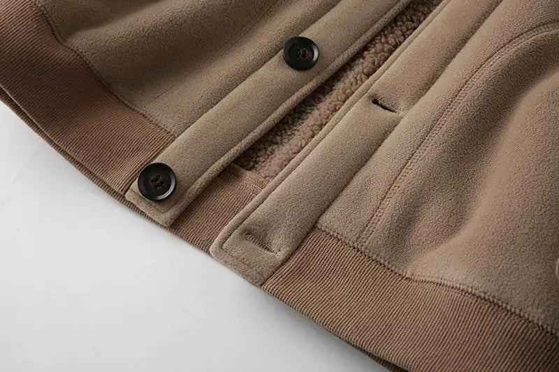 Threebooy Men's Jacket Autumn Winter Polar Fleece Stitching Double Layer Stand Collar Thickened Single-breasted Solid Color Jackets Tops