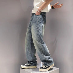 Threebooy Korean Version Autumn Men'S Jeans Totem Wrinkled Straight Leg Pants Retro Blue Pants Casual Mens Baggy Jeans