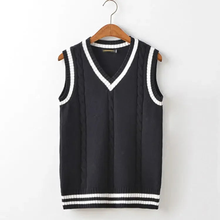 Threebooy Striped White Knitted Sweaters for Men Blue Sleeveless Man Clothes V Neck Vest Red Waistcoat Jumpers Sweat-shirt Cigaret Cotton