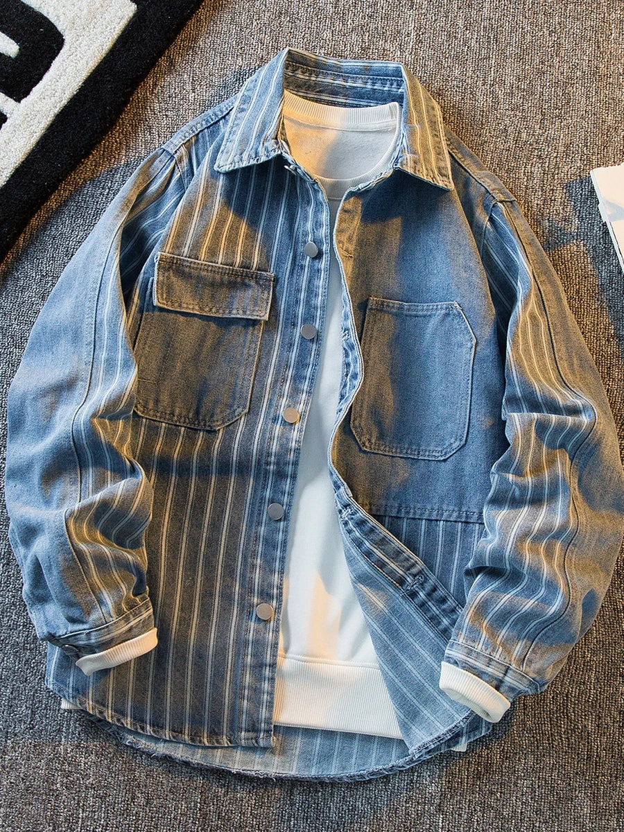 Threebooy American Striped Spliced Denim Jacket Men 2025 Autumn Trendy Handsome Men Women Casual Loose Work Shirt Jacket Aesthetic Chic
