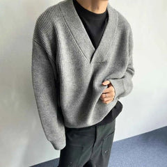 Threebooy  Winter New Men's Solid Color V-Neck Long Sleeve Sweater Korean Retro Fashion Trendy High Street Loose Casual Simple Men's Top