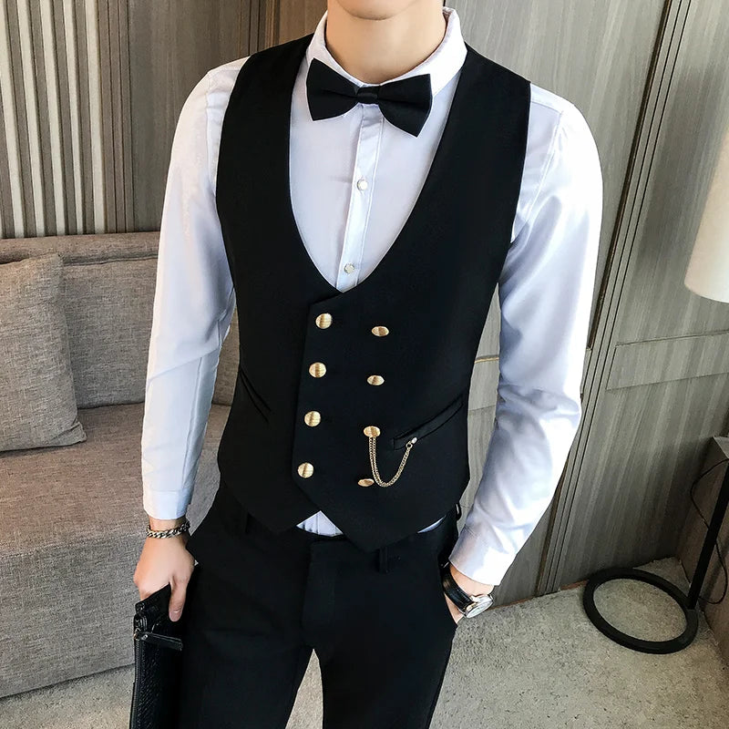 Threebooy Slim Fit Men Vest with Double Breasted One Piece Custom Male Suit Wasitcoat Peaked Lapel Wedding Gromsmen Waist Coat New