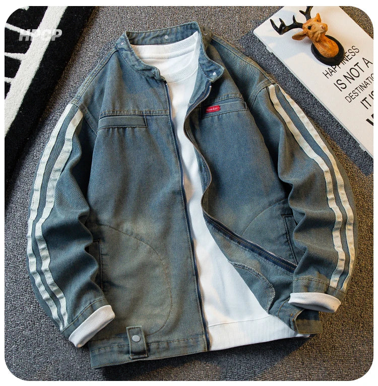 Threebooy American Striped Splicing Washed Denim Jacket Men's Korean Style Fashion Spring Autumn New Trend Stand Collar Casual Work Jacket