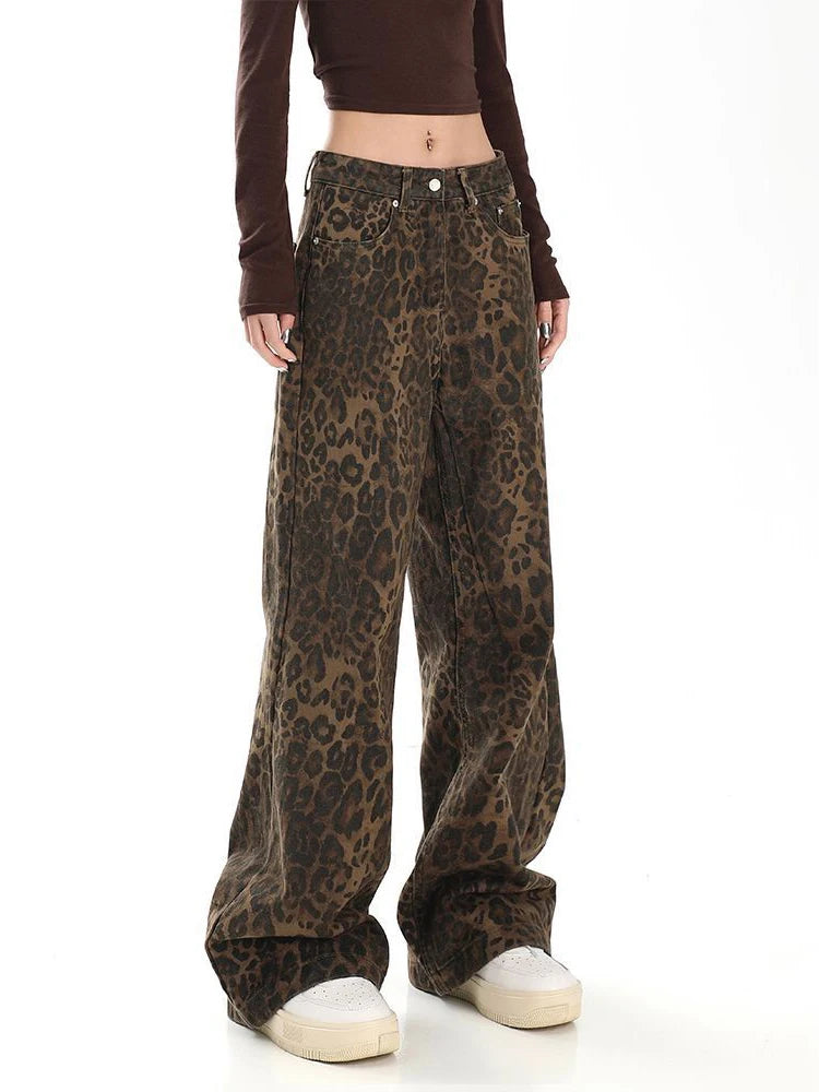 Threebooy  Y2k Animal Leopard Print Baggy Jeans Men Streetwear Vintage Wide Leg Flared Denim Pants Hip Hop Techwear Straight Long Trousers