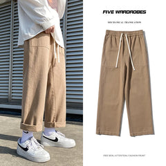 Threebooy  Beige/Khaki/Black Casual Pants Men Fashion Cotton Straight Pants Men Streetwear Loose Hip Hop Wide Leg Pants Mens Trousers S-2XL