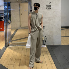 Threebooy  Fashion Men Vest Tshirt SetsTracksuit Sportswear Sleeveless T-shirt Long Pants Streetwear 2 Piece Set Male Clothes